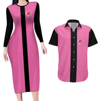 Pink and Black Bowling Couples Matching Long Sleeve Bodycon Dress and Hawaiian Shirt Design with Red Ball and Pins and Custom Team Name Graphic - Wonder Print Shop