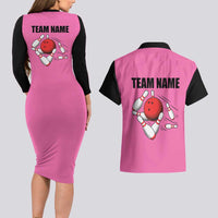Pink and Black Bowling Couples Matching Long Sleeve Bodycon Dress and Hawaiian Shirt Design with Red Ball and Pins and Custom Team Name Graphic - Wonder Print Shop