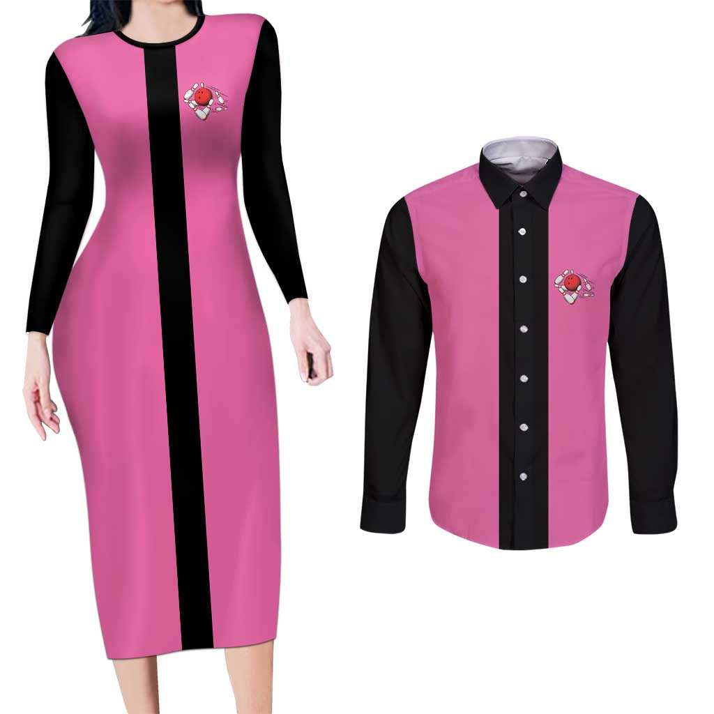 Pink and Black Bowling Couples Matching Long Sleeve Bodycon Dress and Long Sleeve Button Shirt Design with Red Ball and Pins and Custom Team Name Graphic - Wonder Print Shop
