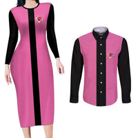 Pink and Black Bowling Couples Matching Long Sleeve Bodycon Dress and Long Sleeve Button Shirt Design with Red Ball and Pins and Custom Team Name Graphic - Wonder Print Shop