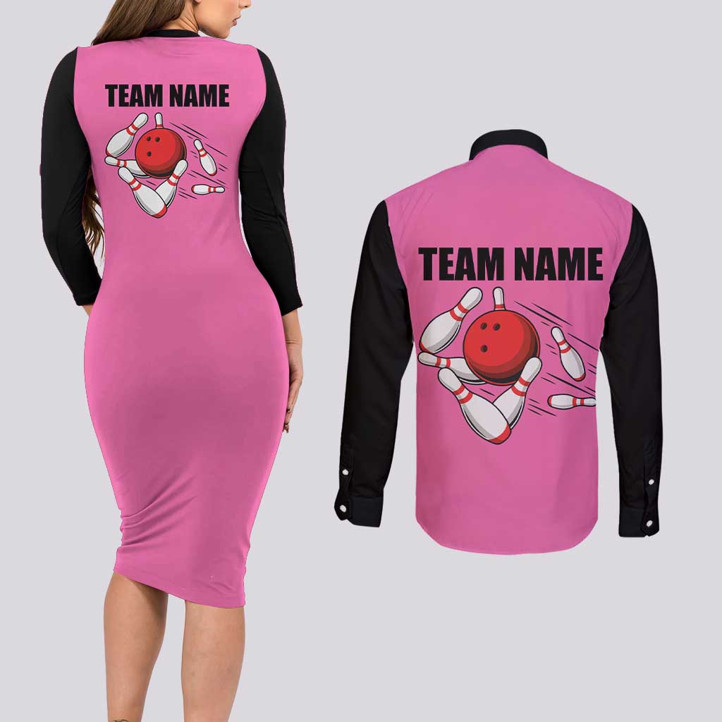 Pink and Black Bowling Couples Matching Long Sleeve Bodycon Dress and Long Sleeve Button Shirt Design with Red Ball and Pins and Custom Team Name Graphic - Wonder Print Shop