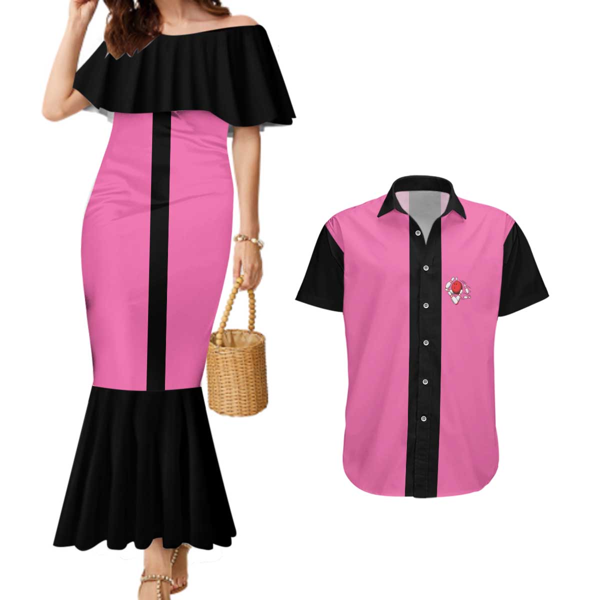Pink and Black Bowling Couples Matching Mermaid Dress and Hawaiian Shirt Design with Red Ball and Pins and Custom Team Name Graphic - Wonder Print Shop