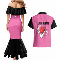 Pink and Black Bowling Couples Matching Mermaid Dress and Hawaiian Shirt Design with Red Ball and Pins and Custom Team Name Graphic - Wonder Print Shop