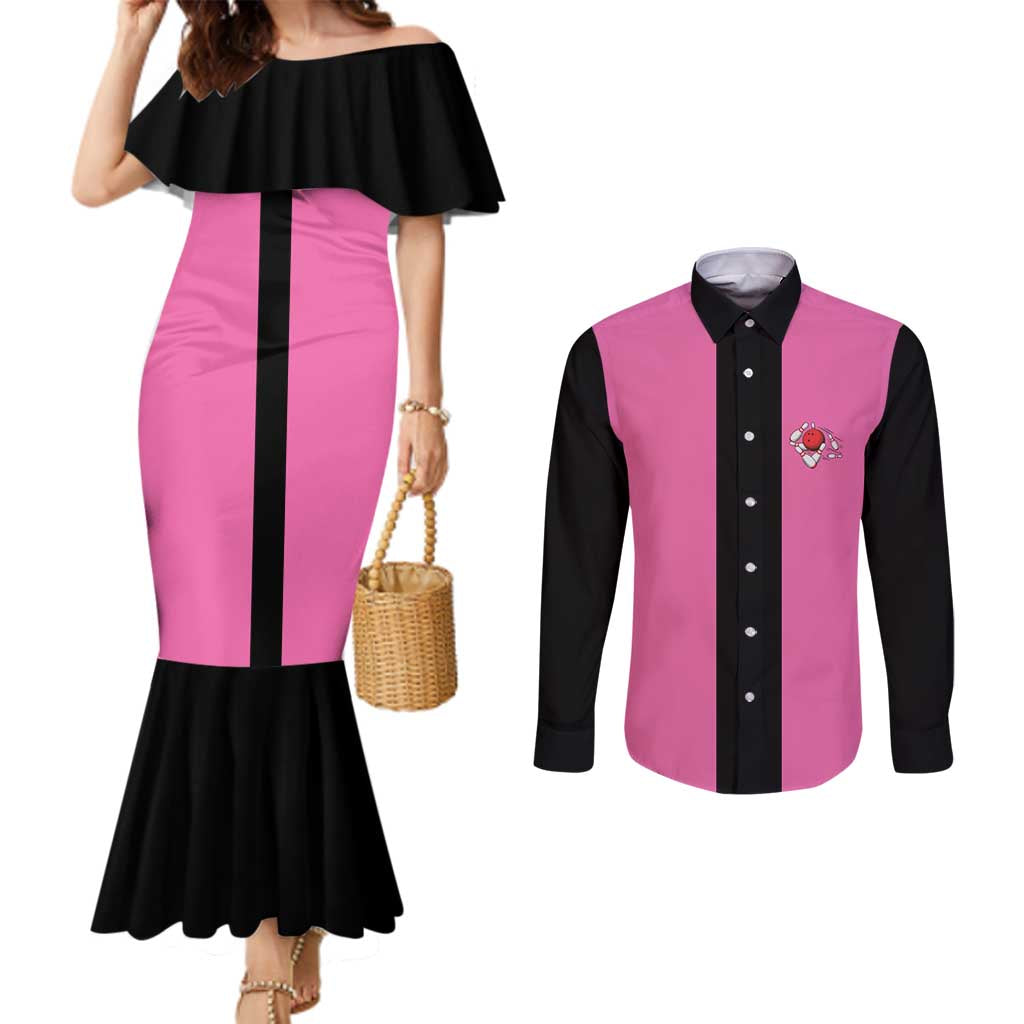 Pink and Black Bowling Couples Matching Mermaid Dress and Long Sleeve Button Shirt Design with Red Ball and Pins and Custom Team Name Graphic - Wonder Print Shop