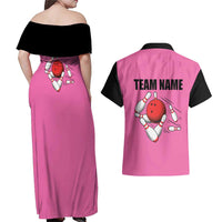 Pink and Black Bowling Couples Matching Off Shoulder Maxi Dress and Hawaiian Shirt Design with Red Ball and Pins and Custom Team Name Graphic - Wonder Print Shop