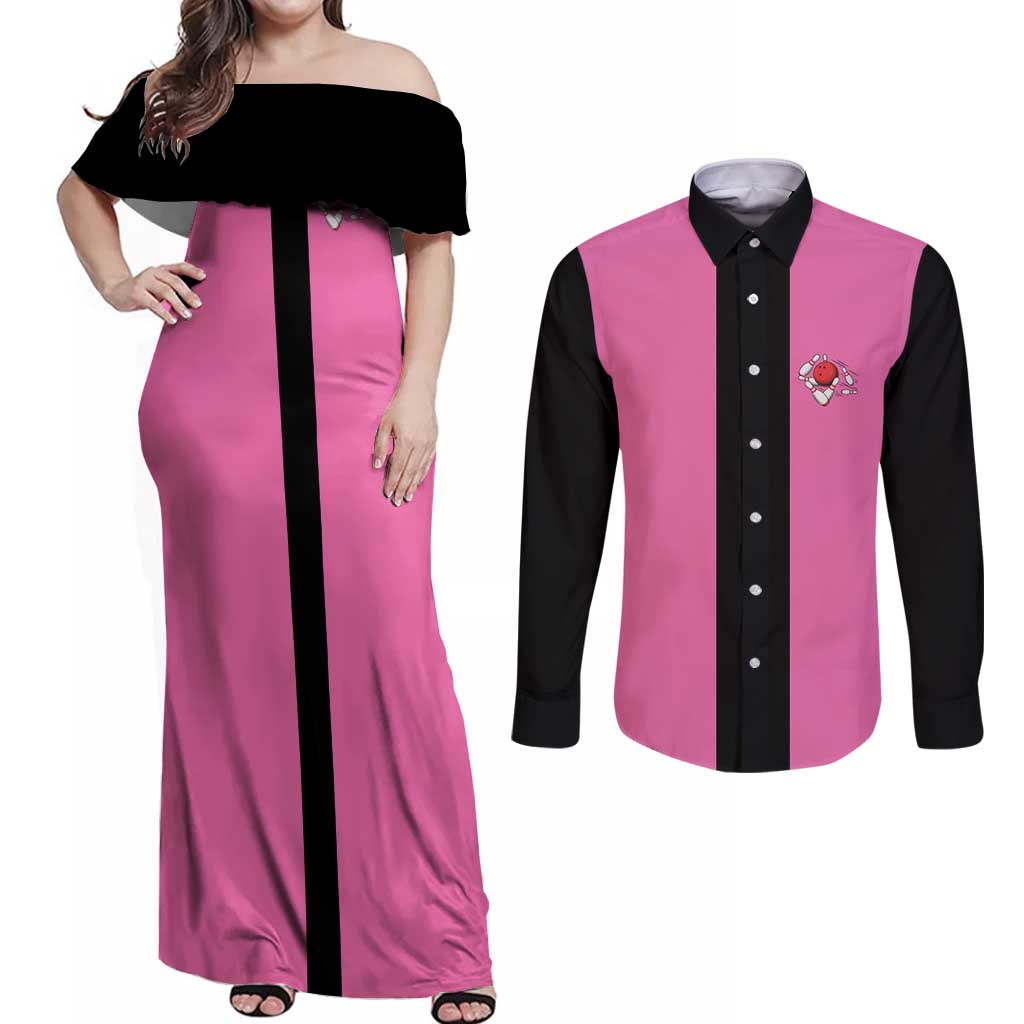 Pink and Black Bowling Couples Matching Off Shoulder Maxi Dress and Long Sleeve Button Shirt Design with Red Ball and Pins and Custom Team Name Graphic - Wonder Print Shop