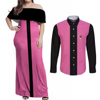 Pink and Black Bowling Couples Matching Off Shoulder Maxi Dress and Long Sleeve Button Shirt Design with Red Ball and Pins and Custom Team Name Graphic - Wonder Print Shop