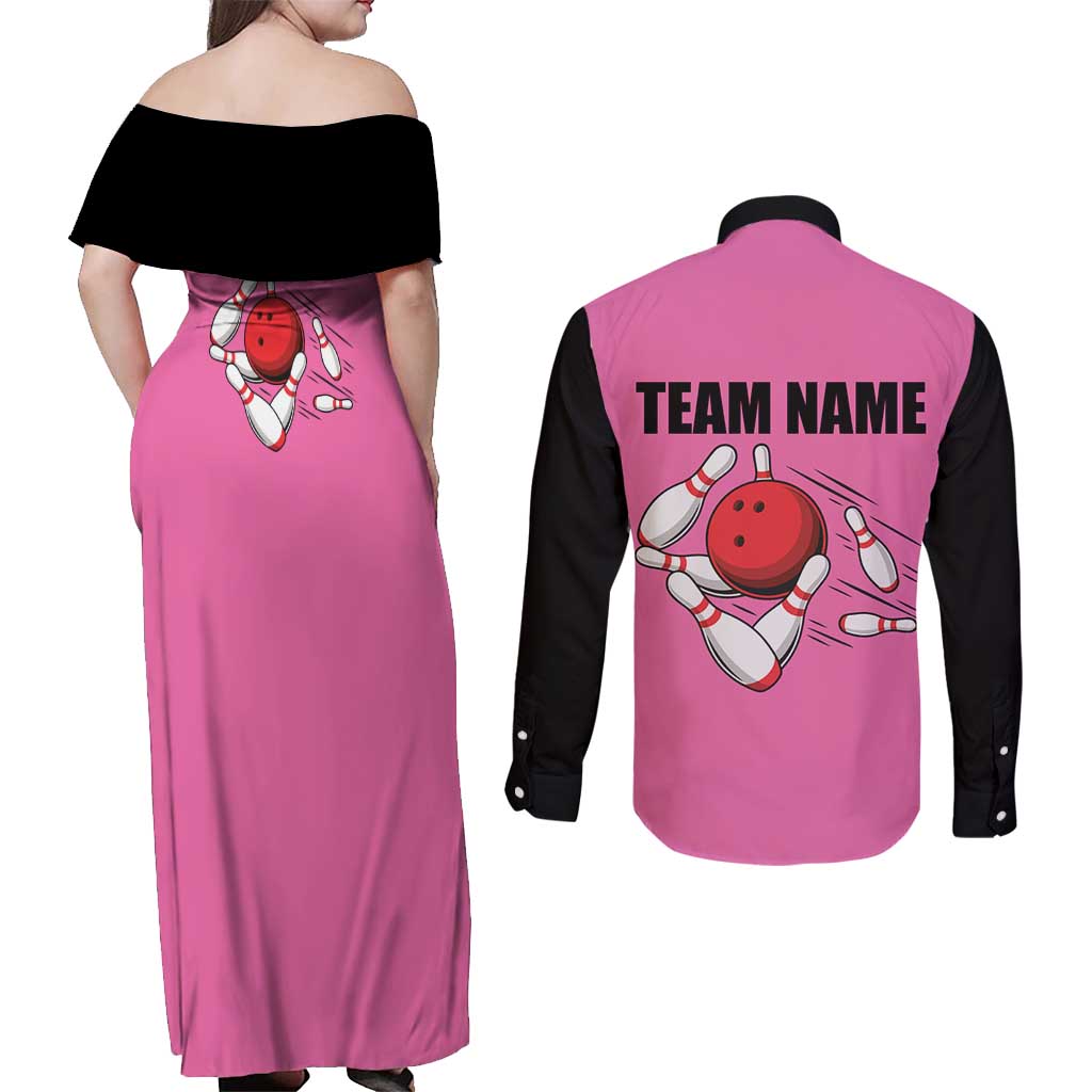 Pink and Black Bowling Couples Matching Off Shoulder Maxi Dress and Long Sleeve Button Shirt Design with Red Ball and Pins and Custom Team Name Graphic - Wonder Print Shop