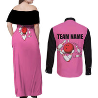 Pink and Black Bowling Couples Matching Off Shoulder Maxi Dress and Long Sleeve Button Shirt Design with Red Ball and Pins and Custom Team Name Graphic - Wonder Print Shop