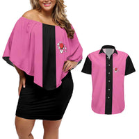 Pink and Black Bowling Couples Matching Off Shoulder Short Dress and Hawaiian Shirt Design with Red Ball and Pins and Custom Team Name Graphic - Wonder Print Shop