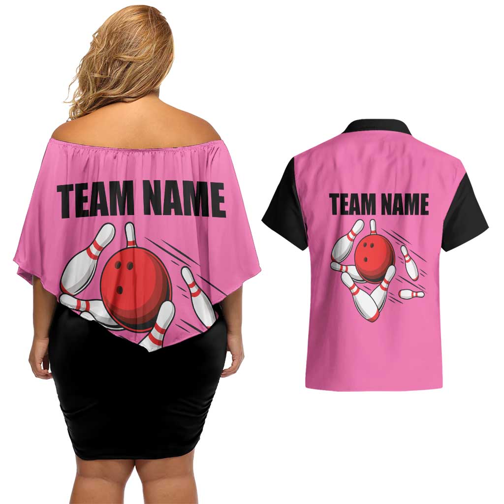 Pink and Black Bowling Couples Matching Off Shoulder Short Dress and Hawaiian Shirt Design with Red Ball and Pins and Custom Team Name Graphic - Wonder Print Shop