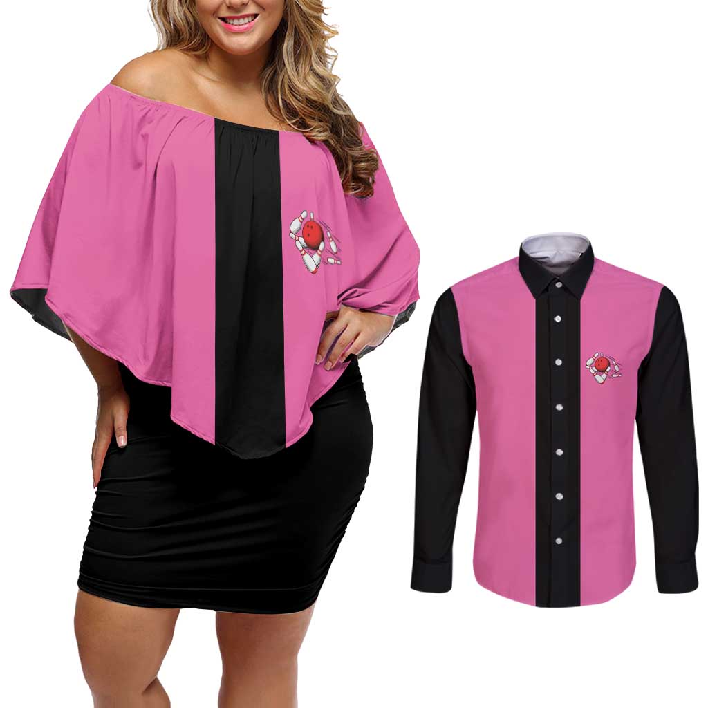 Pink and Black Bowling Couples Matching Off Shoulder Short Dress and Long Sleeve Button Shirt Design with Red Ball and Pins and Custom Team Name Graphic - Wonder Print Shop
