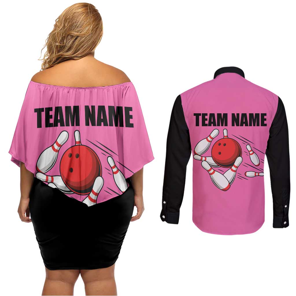 Pink and Black Bowling Couples Matching Off Shoulder Short Dress and Long Sleeve Button Shirt Design with Red Ball and Pins and Custom Team Name Graphic - Wonder Print Shop