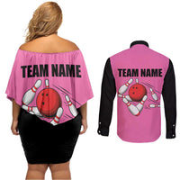 Pink and Black Bowling Couples Matching Off Shoulder Short Dress and Long Sleeve Button Shirt Design with Red Ball and Pins and Custom Team Name Graphic - Wonder Print Shop