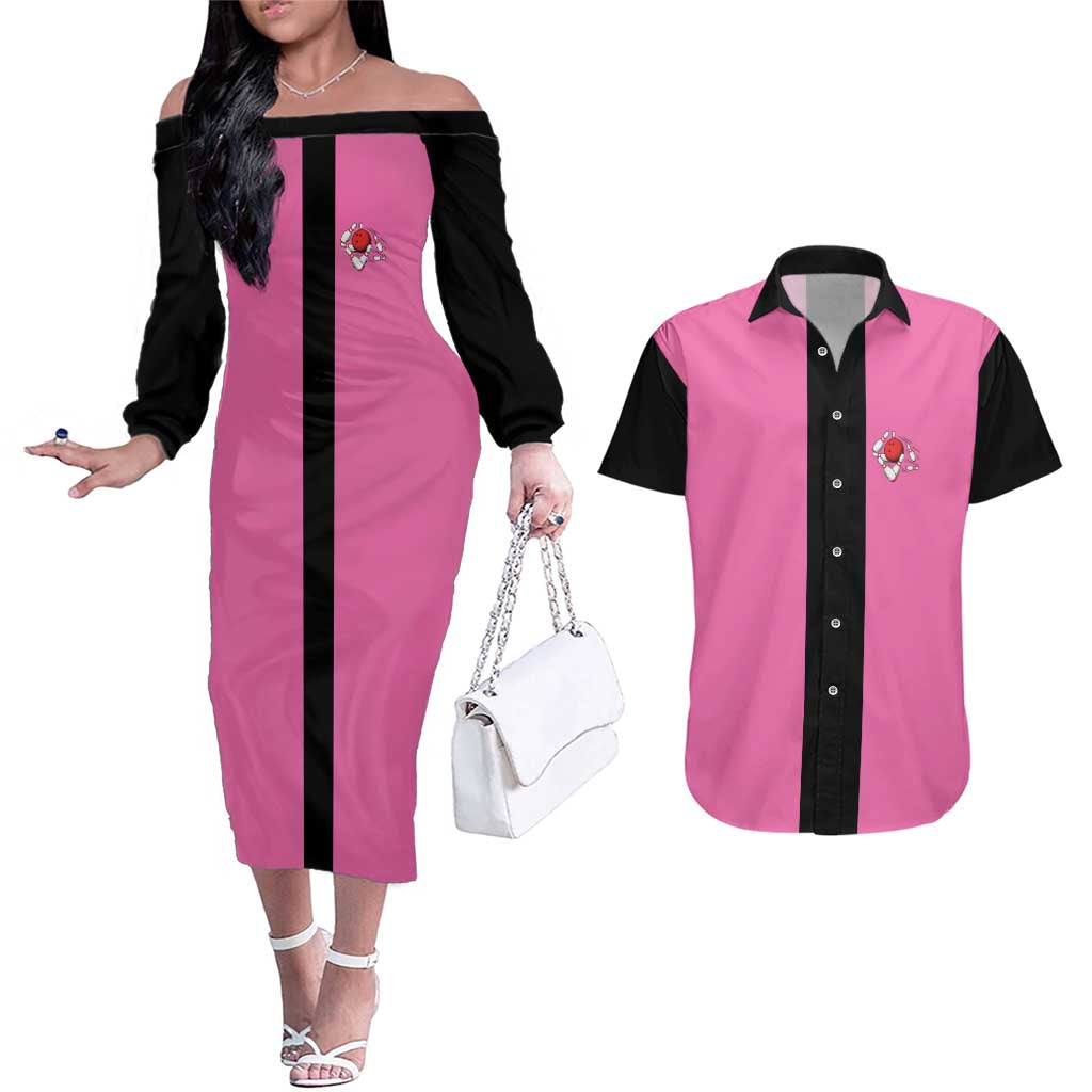 Pink and Black Bowling Couples Matching Off The Shoulder Long Sleeve Dress and Hawaiian Shirt Design with Red Ball and Pins and Custom Team Name Graphic - Wonder Print Shop