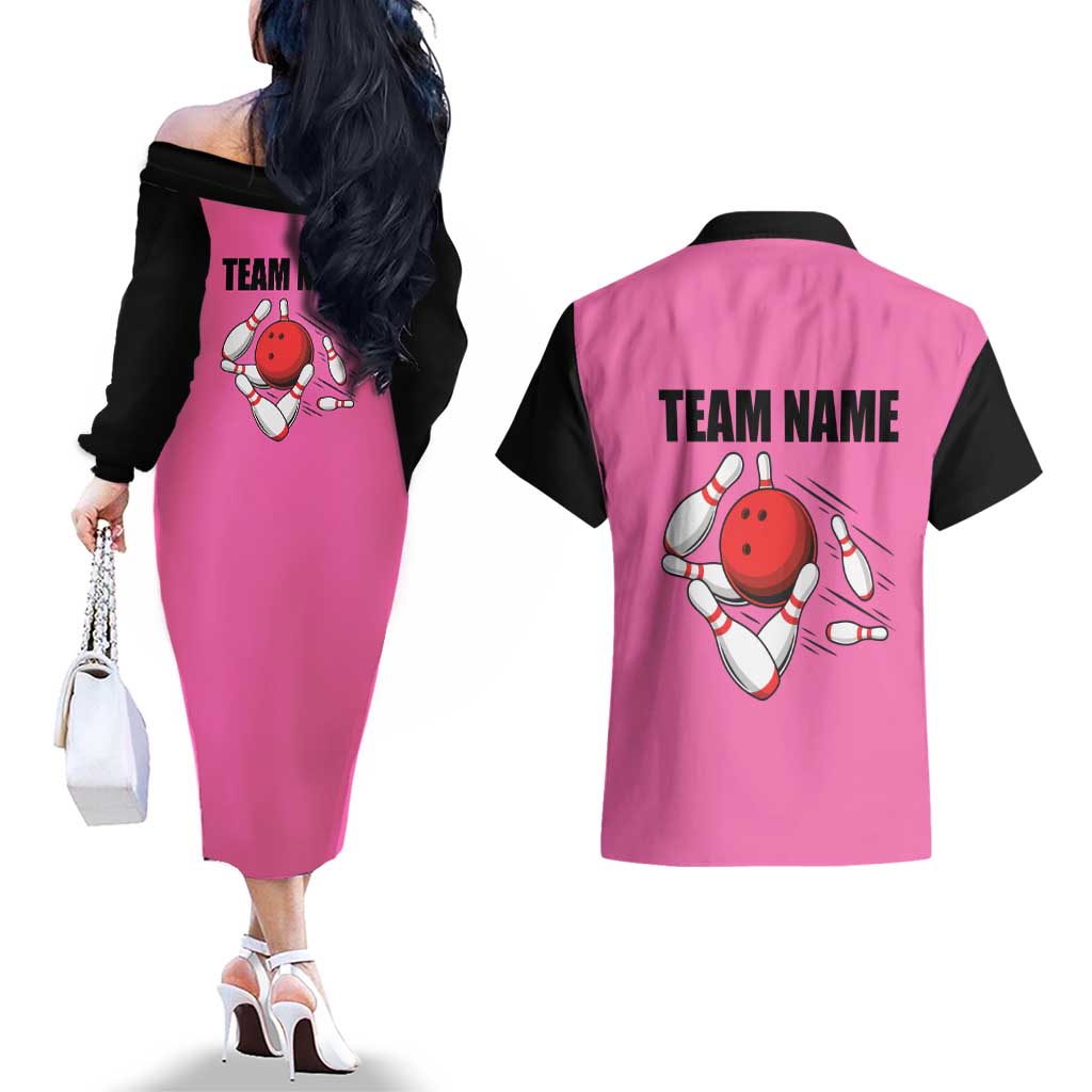 Pink and Black Bowling Couples Matching Off The Shoulder Long Sleeve Dress and Hawaiian Shirt Design with Red Ball and Pins and Custom Team Name Graphic - Wonder Print Shop