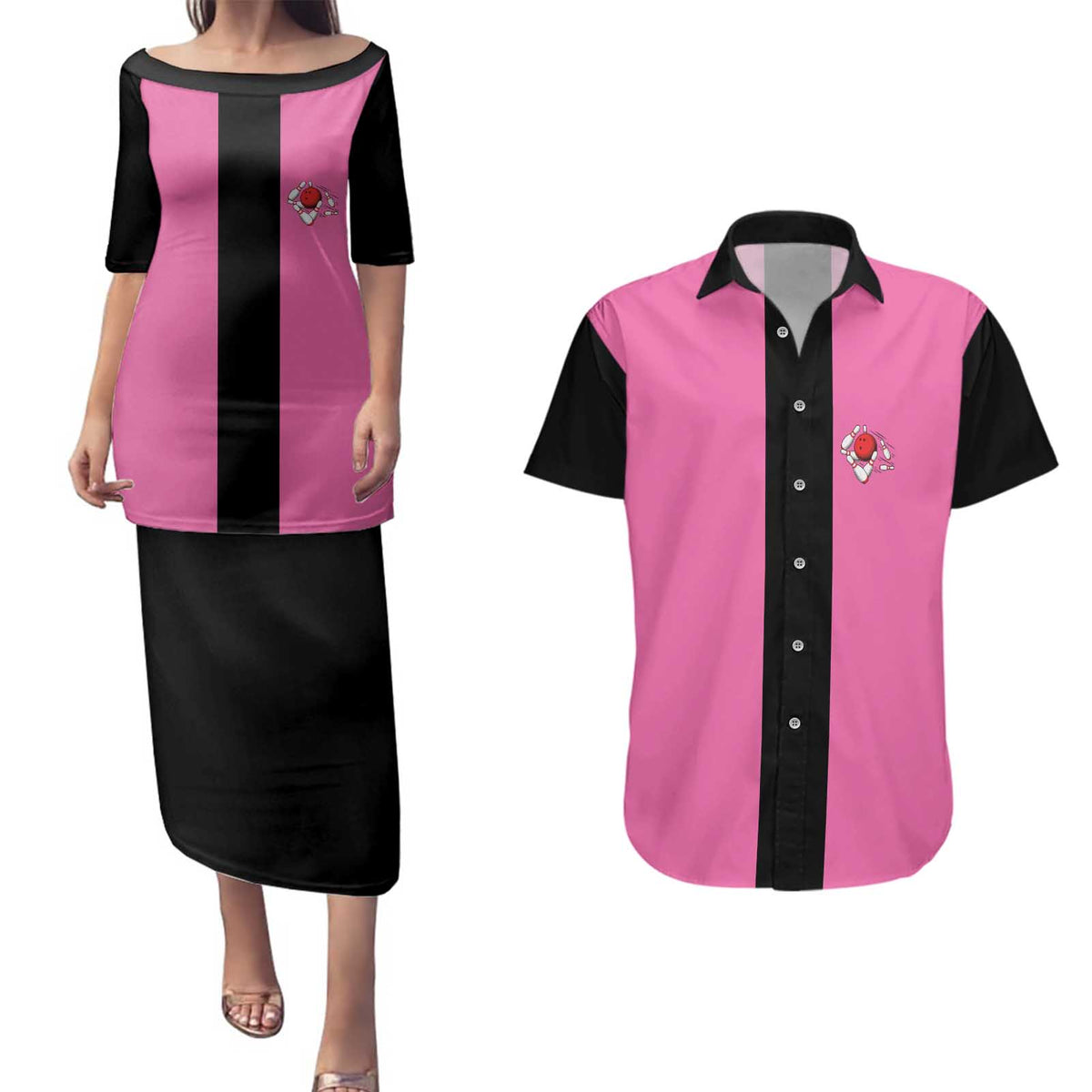 Pink and Black Bowling Couples Matching Puletasi and Hawaiian Shirt Design with Red Ball and Pins and Custom Team Name Graphic - Wonder Print Shop