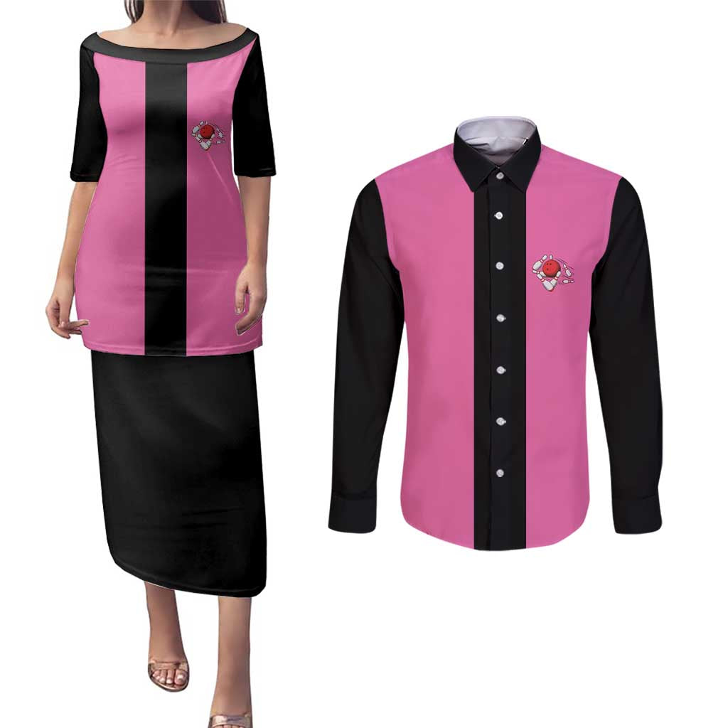 Pink and Black Bowling Couples Matching Puletasi and Long Sleeve Button Shirt Design with Red Ball and Pins and Custom Team Name Graphic - Wonder Print Shop