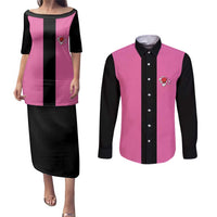 Pink and Black Bowling Couples Matching Puletasi and Long Sleeve Button Shirt Design with Red Ball and Pins and Custom Team Name Graphic - Wonder Print Shop