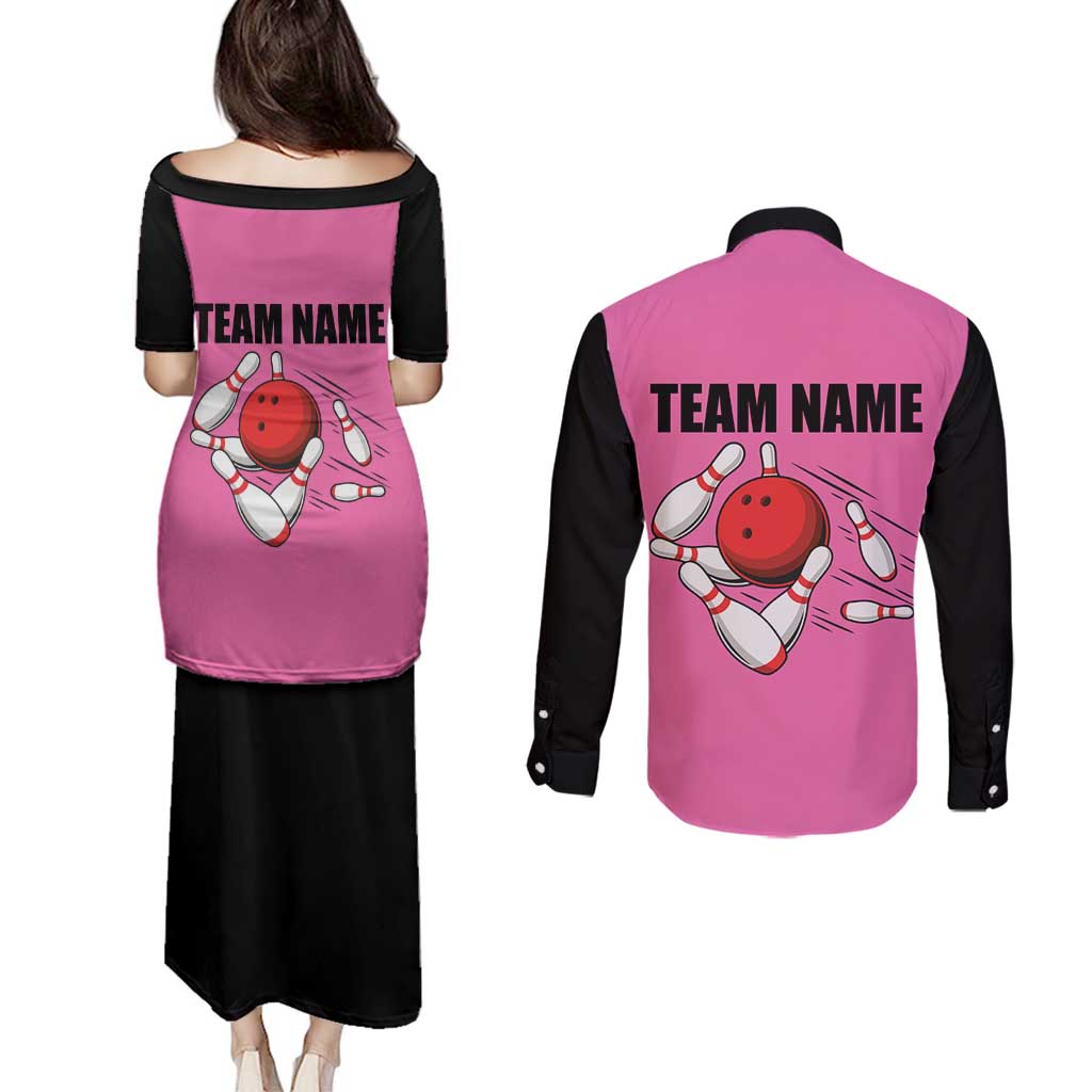 Pink and Black Bowling Couples Matching Puletasi and Long Sleeve Button Shirt Design with Red Ball and Pins and Custom Team Name Graphic - Wonder Print Shop