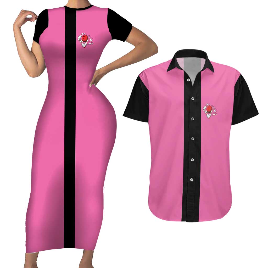 Pink and Black Bowling Couples Matching Short Sleeve Bodycon Dress and Hawaiian Shirt Design with Red Ball and Pins and Custom Team Name Graphic - Wonder Print Shop