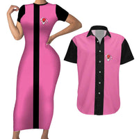 Pink and Black Bowling Couples Matching Short Sleeve Bodycon Dress and Hawaiian Shirt Design with Red Ball and Pins and Custom Team Name Graphic - Wonder Print Shop