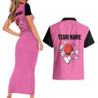 Pink and Black Bowling Couples Matching Short Sleeve Bodycon Dress and Hawaiian Shirt Design with Red Ball and Pins and Custom Team Name Graphic - Wonder Print Shop