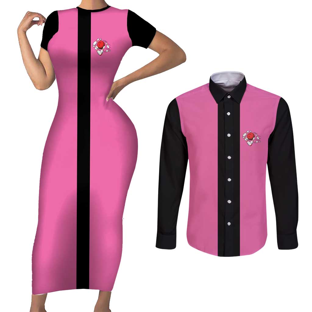 Pink and Black Bowling Couples Matching Short Sleeve Bodycon Dress and Long Sleeve Button Shirt Design with Red Ball and Pins and Custom Team Name Graphic - Wonder Print Shop