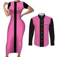 Pink and Black Bowling Couples Matching Short Sleeve Bodycon Dress and Long Sleeve Button Shirt Design with Red Ball and Pins and Custom Team Name Graphic - Wonder Print Shop