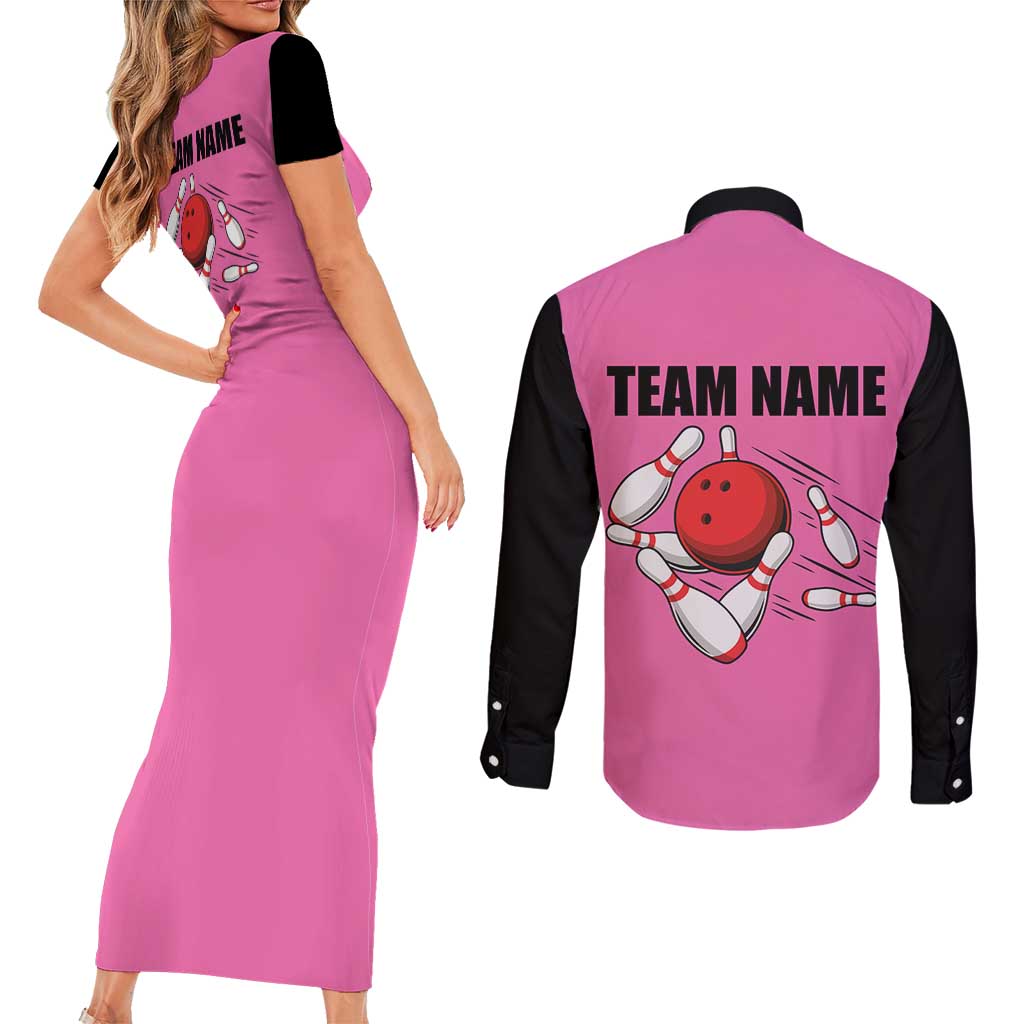 Pink and Black Bowling Couples Matching Short Sleeve Bodycon Dress and Long Sleeve Button Shirt Design with Red Ball and Pins and Custom Team Name Graphic - Wonder Print Shop