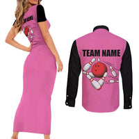Pink and Black Bowling Couples Matching Short Sleeve Bodycon Dress and Long Sleeve Button Shirt Design with Red Ball and Pins and Custom Team Name Graphic - Wonder Print Shop