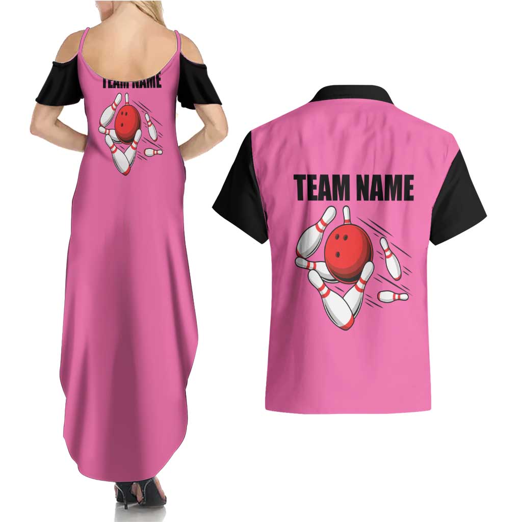 Pink and Black Bowling Couples Matching Summer Maxi Dress and Hawaiian Shirt Design with Red Ball and Pins and Custom Team Name Graphic - Wonder Print Shop