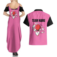 Pink and Black Bowling Couples Matching Summer Maxi Dress and Hawaiian Shirt Design with Red Ball and Pins and Custom Team Name Graphic - Wonder Print Shop