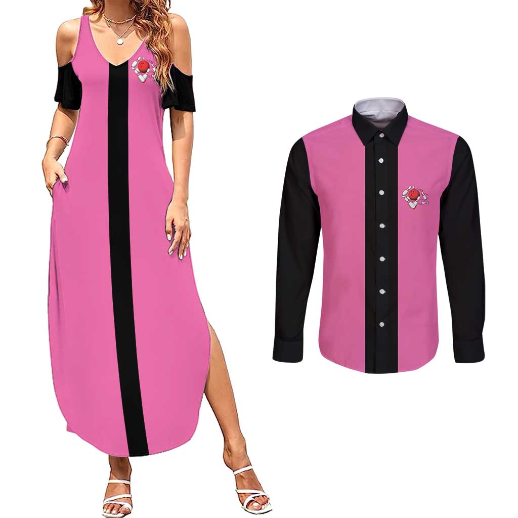 Pink and Black Bowling Couples Matching Summer Maxi Dress and Long Sleeve Button Shirt Design with Red Ball and Pins and Custom Team Name Graphic - Wonder Print Shop