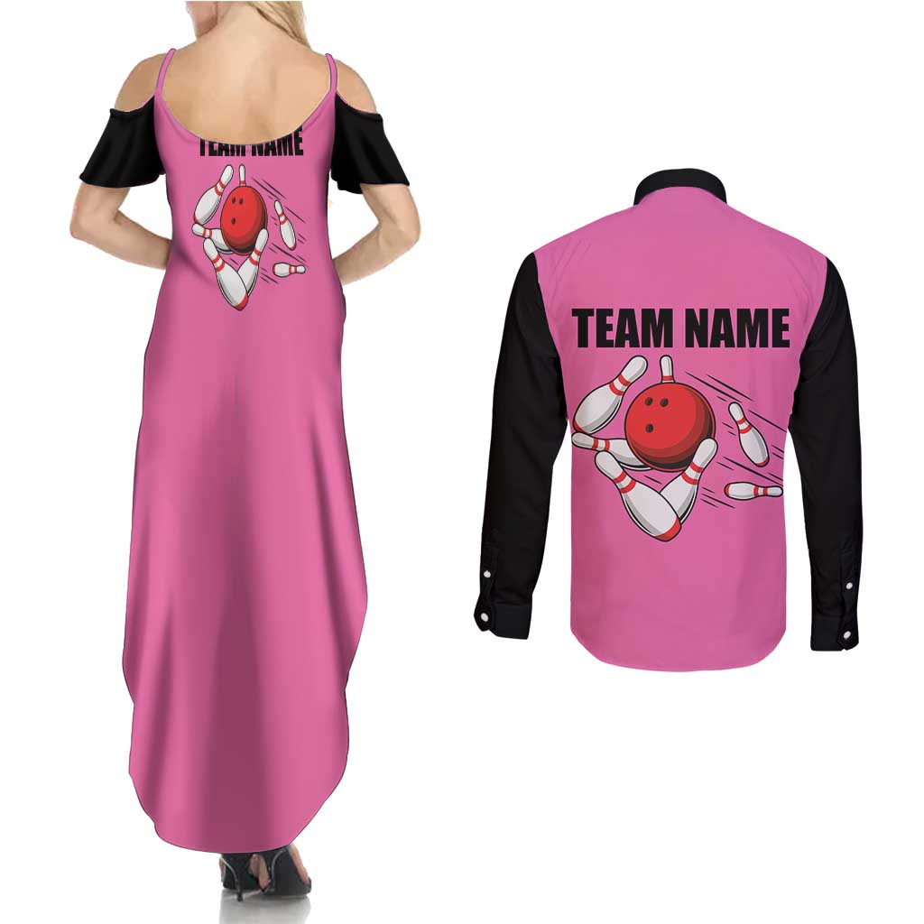 Pink and Black Bowling Couples Matching Summer Maxi Dress and Long Sleeve Button Shirt Design with Red Ball and Pins and Custom Team Name Graphic - Wonder Print Shop