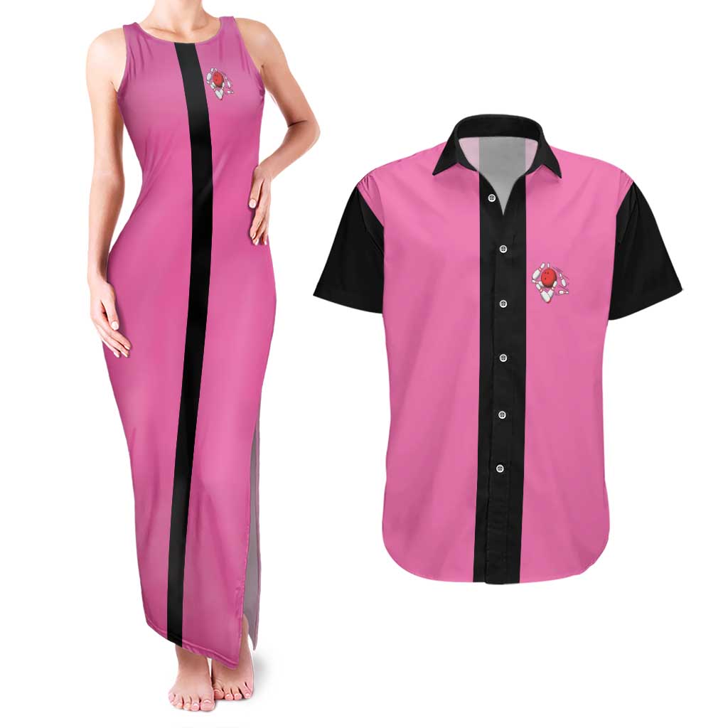 Pink and Black Bowling Couples Matching Tank Maxi Dress and Hawaiian Shirt Design with Red Ball and Pins and Custom Team Name Graphic - Wonder Print Shop