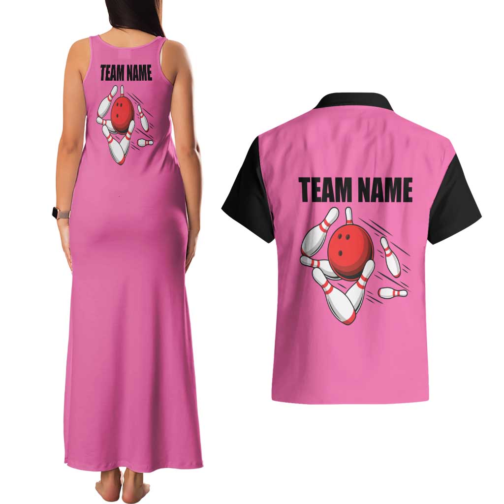 Pink and Black Bowling Couples Matching Tank Maxi Dress and Hawaiian Shirt Design with Red Ball and Pins and Custom Team Name Graphic - Wonder Print Shop