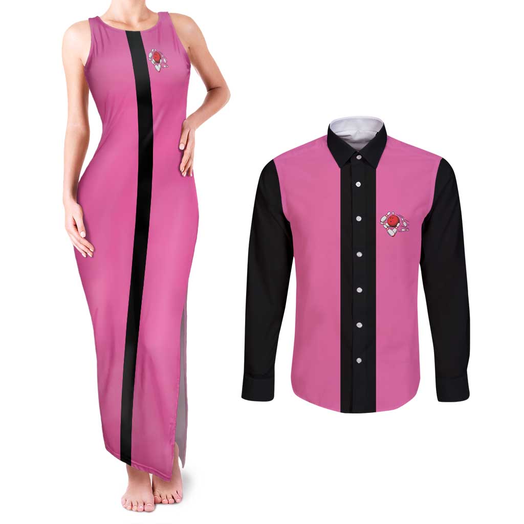 Pink and Black Bowling Couples Matching Tank Maxi Dress and Long Sleeve Button Shirt Design with Red Ball and Pins and Custom Team Name Graphic - Wonder Print Shop