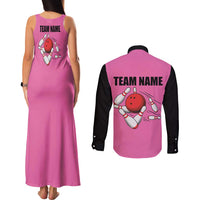 Pink and Black Bowling Couples Matching Tank Maxi Dress and Long Sleeve Button Shirt Design with Red Ball and Pins and Custom Team Name Graphic - Wonder Print Shop
