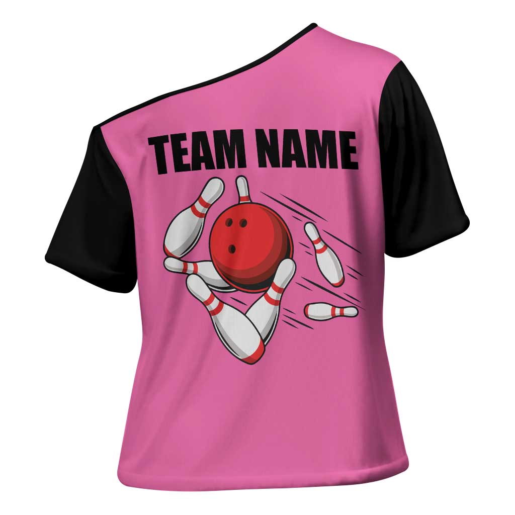 Pink and Black Bowling Cross Shoulder Shirt Design with Red Ball and Pins and Custom Team Name Graphic - Wonder Print Shop