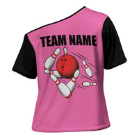 Pink and Black Bowling Cross Shoulder Shirt Design with Red Ball and Pins and Custom Team Name Graphic - Wonder Print Shop