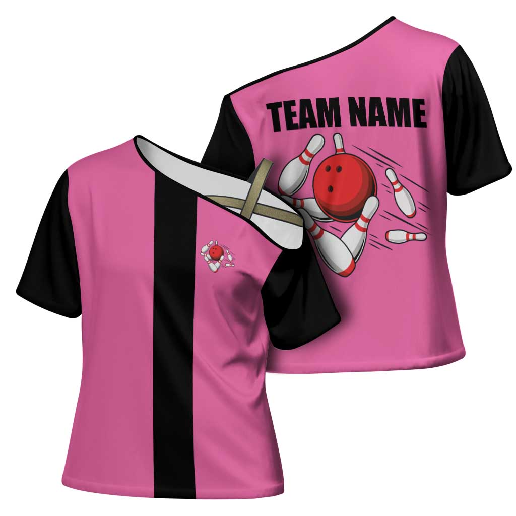 Pink and Black Bowling Cross Shoulder Shirt Design with Red Ball and Pins and Custom Team Name Graphic - Wonder Print Shop