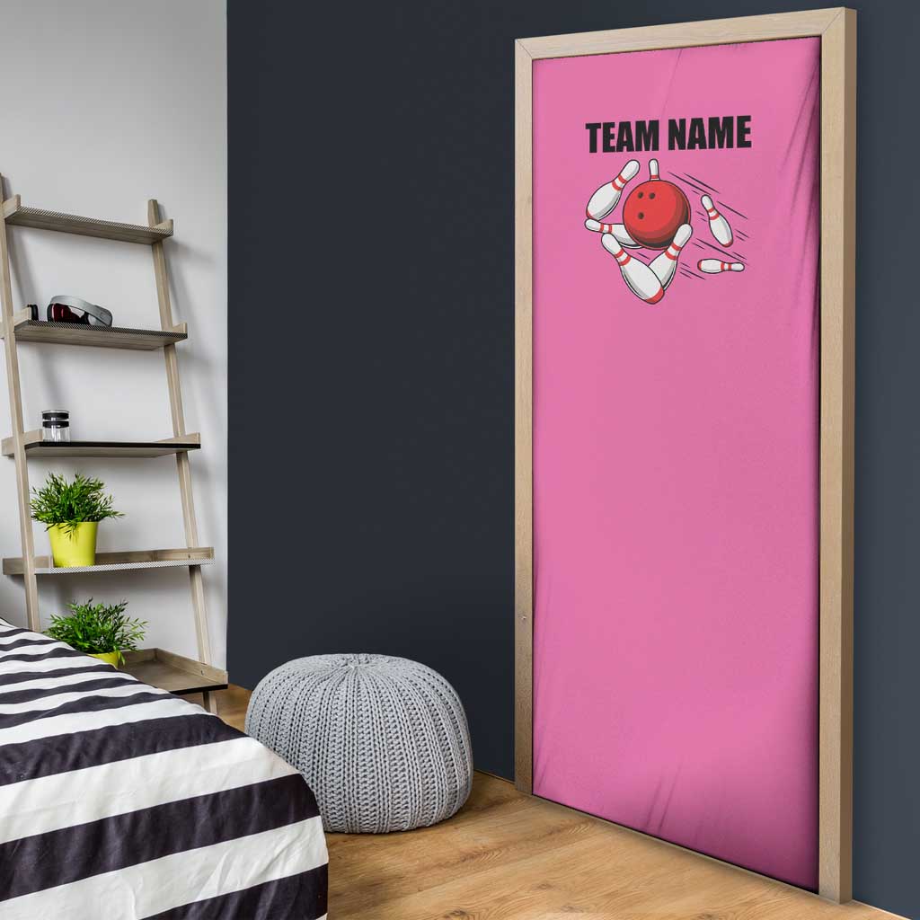 Pink and Black Bowling Door Cover Design with Red Ball and Pins and Custom Team Name Graphic - Wonder Print Shop