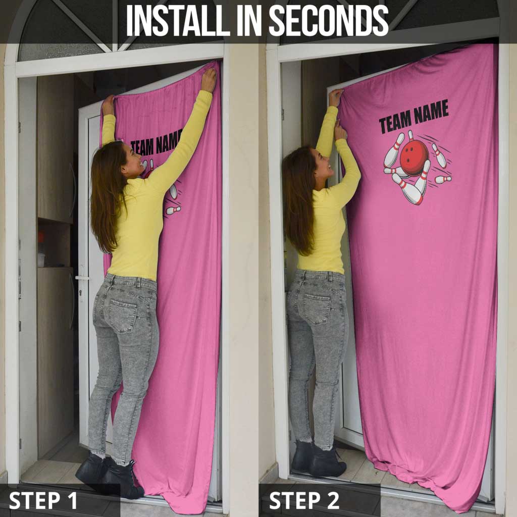 Pink and Black Bowling Door Cover Design with Red Ball and Pins and Custom Team Name Graphic - Wonder Print Shop