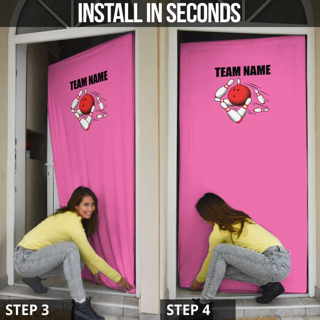 Pink and Black Bowling Door Cover Design with Red Ball and Pins and Custom Team Name Graphic - Wonder Print Shop