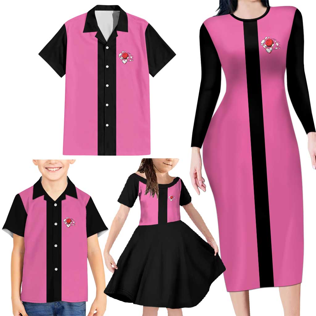 Pink and Black Bowling Family Matching Long Sleeve Bodycon Dress and Hawaiian Shirt Design with Red Ball and Pins and Custom Team Name Graphic - Wonder Print Shop
