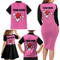 Pink and Black Bowling Family Matching Long Sleeve Bodycon Dress and Hawaiian Shirt Design with Red Ball and Pins and Custom Team Name Graphic - Wonder Print Shop