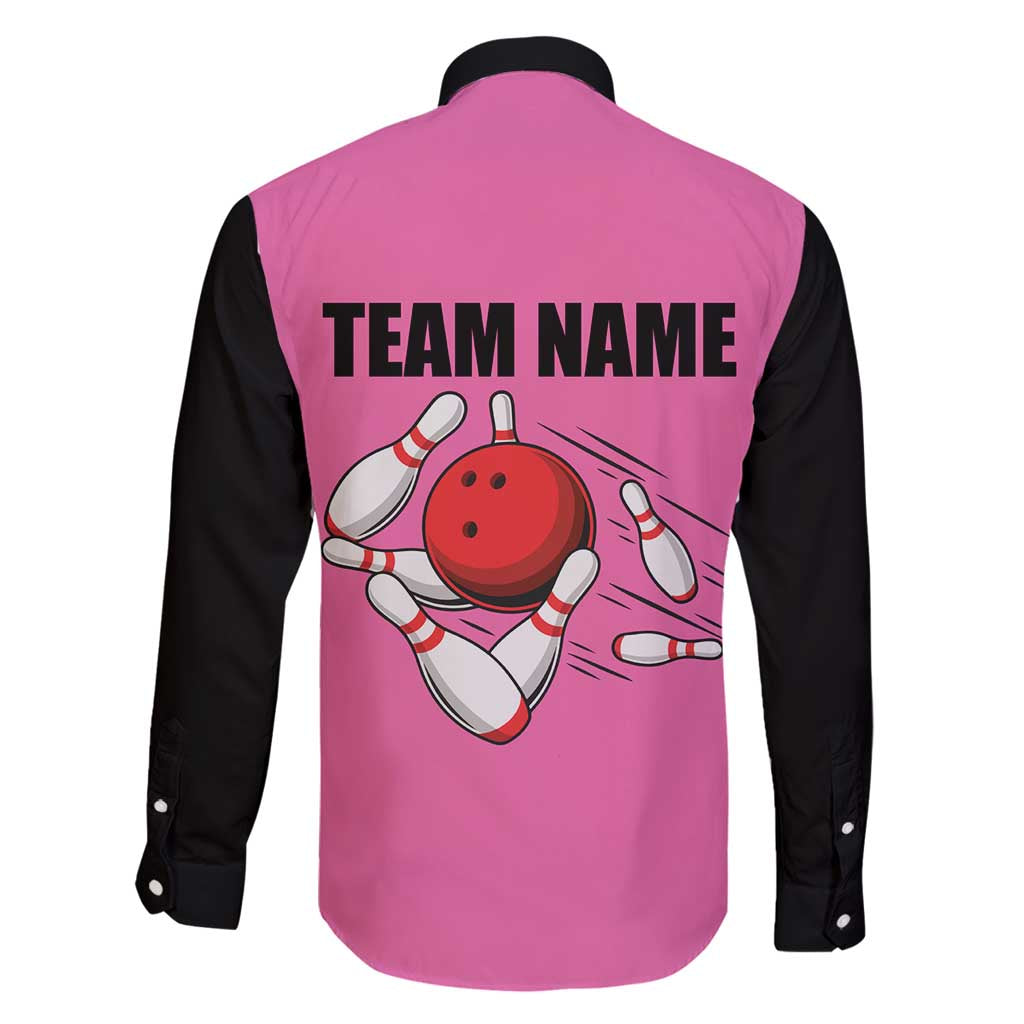 Pink and Black Bowling Family Matching Long Sleeve Bodycon Dress and Hawaiian Shirt Design with Red Ball and Pins and Custom Team Name Graphic - Wonder Print Shop