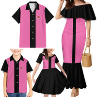 Pink and Black Bowling Family Matching Mermaid Dress and Hawaiian Shirt Design with Red Ball and Pins and Custom Team Name Graphic - Wonder Print Shop