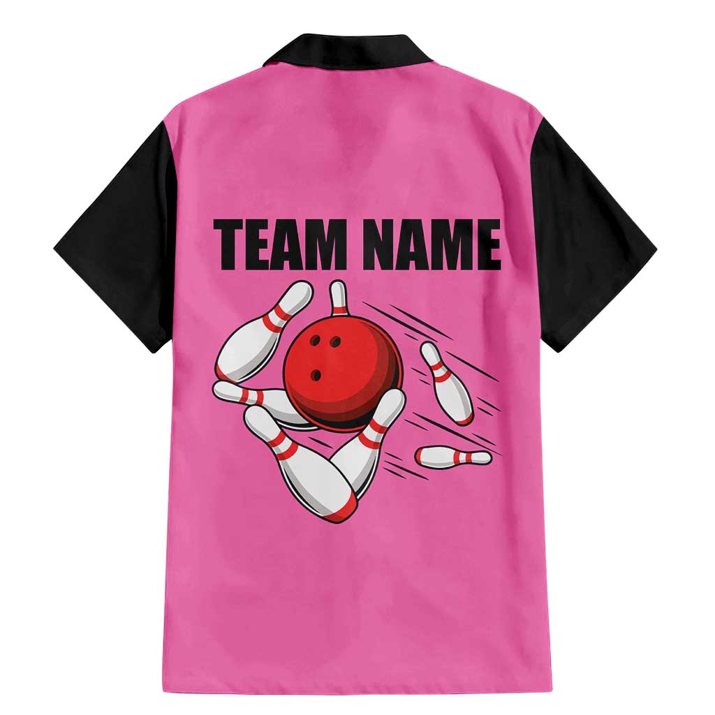 Pink and Black Bowling Family Matching Mermaid Dress and Hawaiian Shirt Design with Red Ball and Pins and Custom Team Name Graphic - Wonder Print Shop